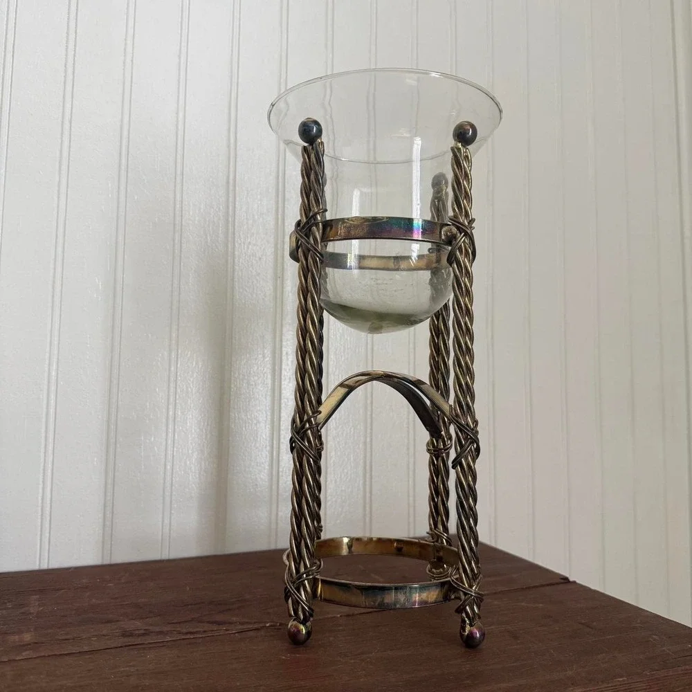 Vintage Metal and Glass Pillar Candle Holder